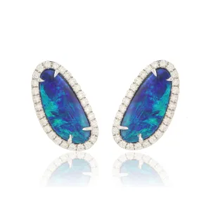 14k White Gold Diamond Halo Accented Freeform Opal Studs