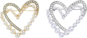 2Pcs Women's Crystal Pearl Heart Brooches Elegant Rhinestone Love Heart Statement Brooch Pins Fashion Jewelry Accessories for Women Girl Gift