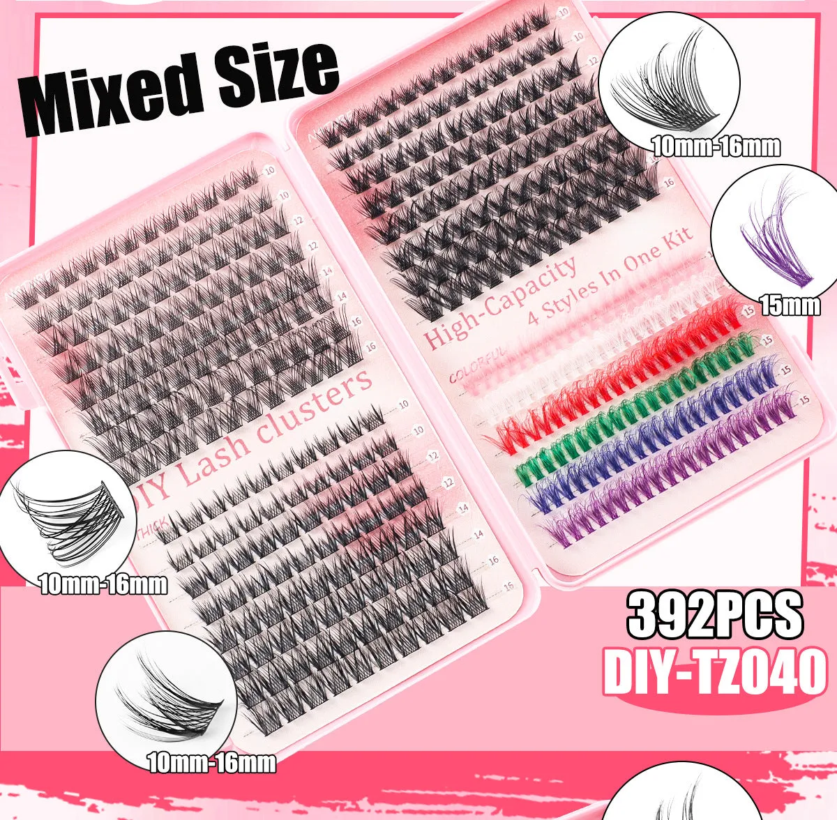 392 Eyelashes Set DIY Lash Clusters Kit | High-Capacity | 4 Styles | Black & Colorful Lashes