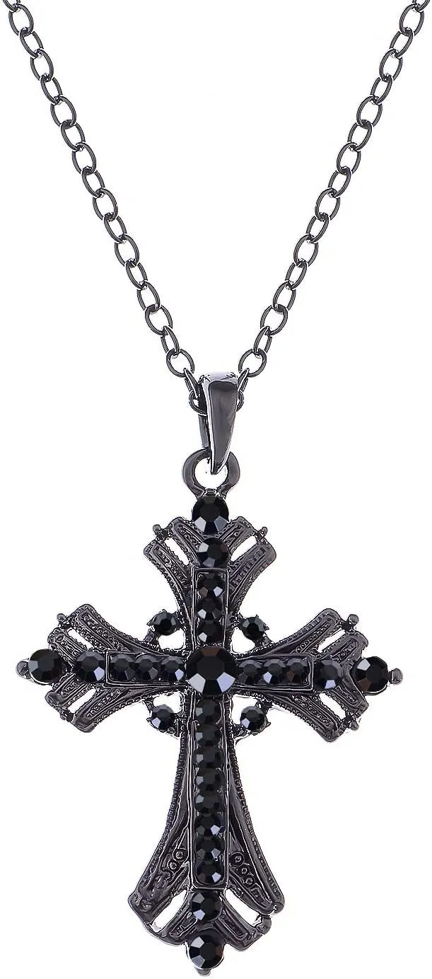 Alilang Silvery Tone Religious Cross Pendant Necklace w/Aquamarine Blue Or Clear Crystal Rhinestones