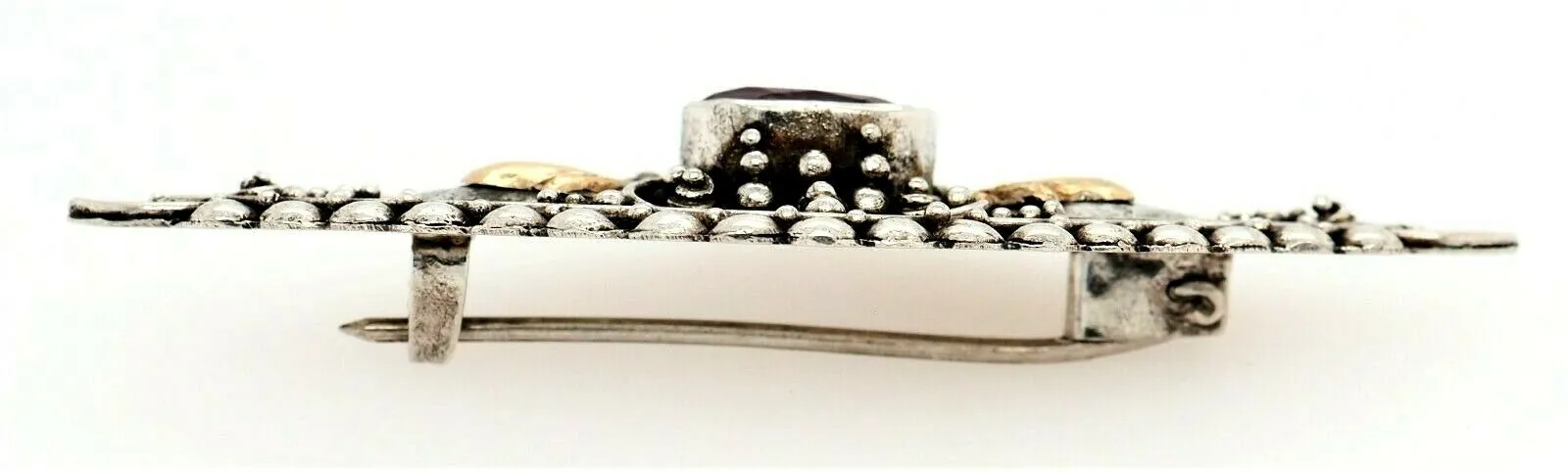 Amethyst Sterling Silver Vintage Brooch with Yellow Gold Accents