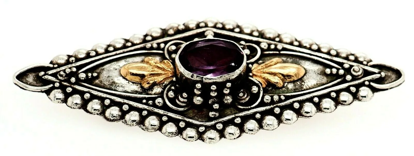 Amethyst Sterling Silver Vintage Brooch with Yellow Gold Accents