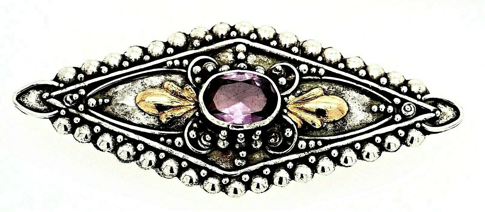 Amethyst Sterling Silver Vintage Brooch with Yellow Gold Accents