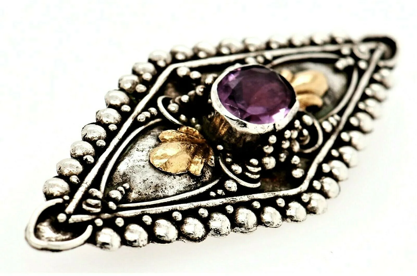 Amethyst Sterling Silver Vintage Brooch with Yellow Gold Accents