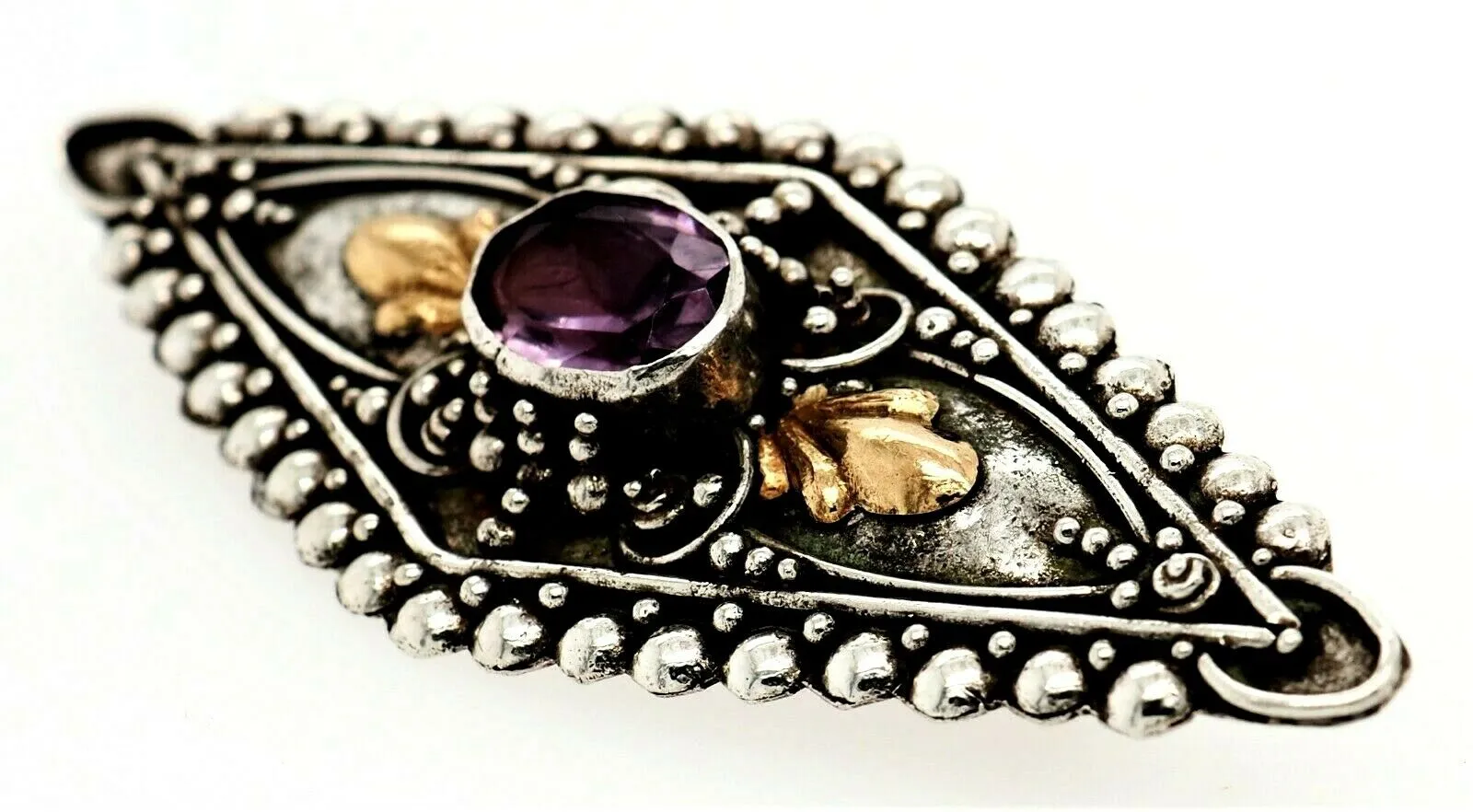 Amethyst Sterling Silver Vintage Brooch with Yellow Gold Accents