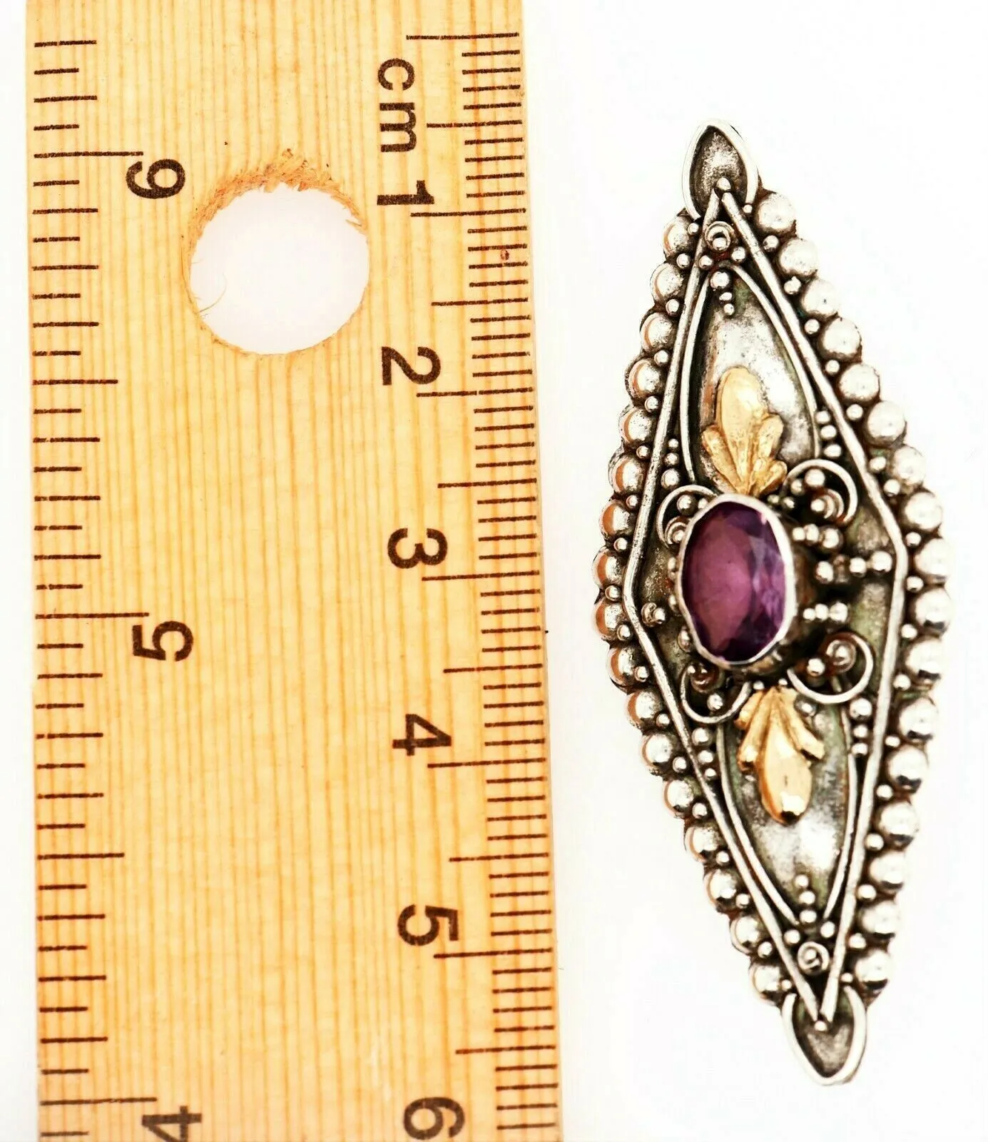 Amethyst Sterling Silver Vintage Brooch with Yellow Gold Accents