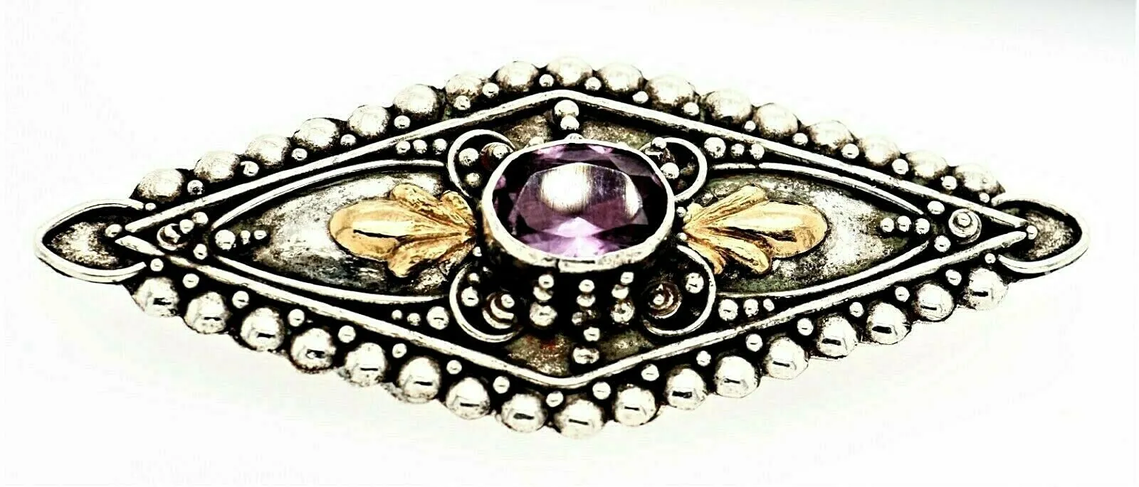 Amethyst Sterling Silver Vintage Brooch with Yellow Gold Accents