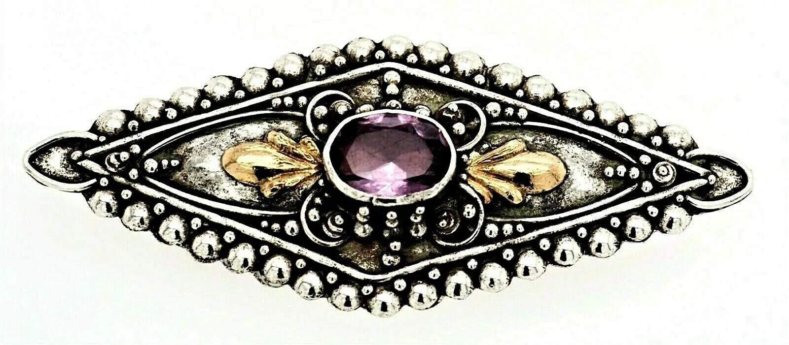 Amethyst Sterling Silver Vintage Brooch with Yellow Gold Accents