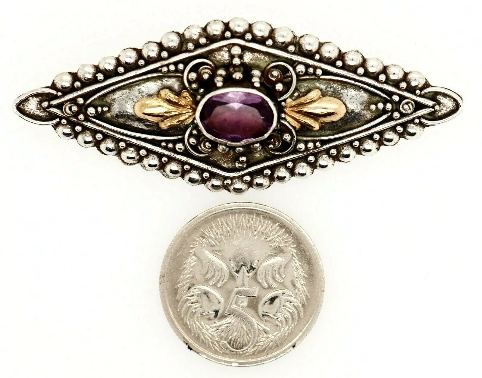 Amethyst Sterling Silver Vintage Brooch with Yellow Gold Accents