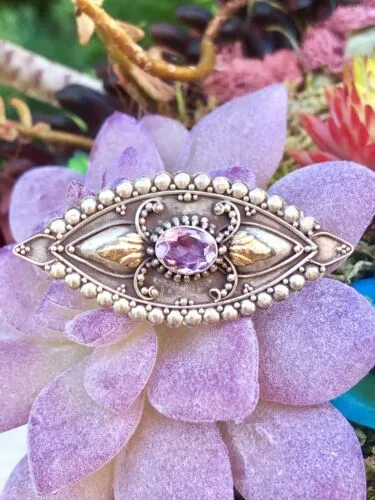 Antique Art Nouveau Deco Amethyst Sterling Silver 18k Gold Accents Pin Earrings