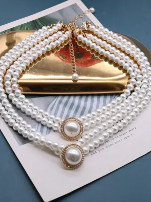 Ashore Shop Double Layer Retro Pearl Imitation Choker Rhinestone Necklace Earrings