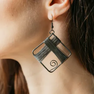 Black Square Wire Wrapped Statement Vintage Dainty Rectangle drop Corded Earring