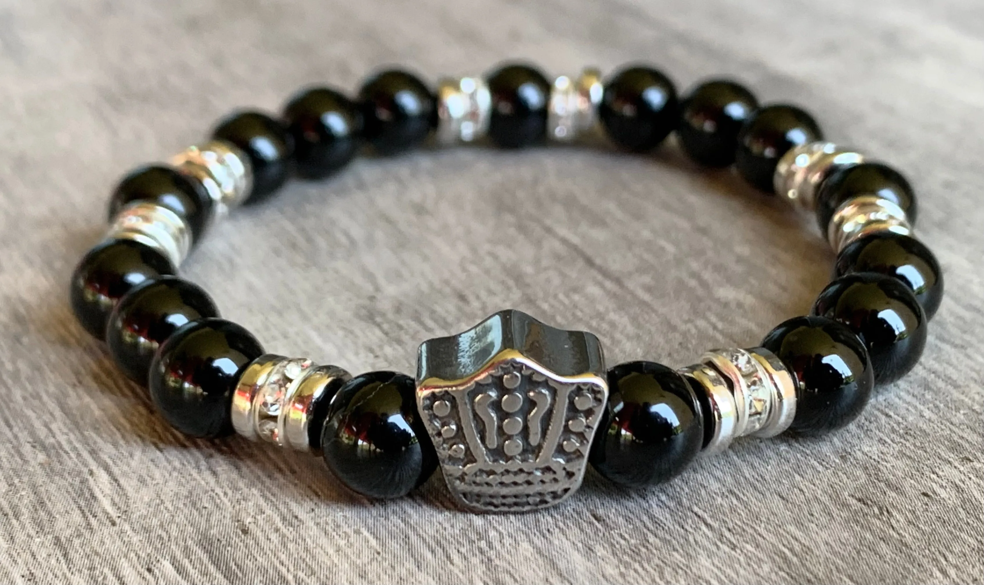 Blake Handmade Obsidian Expandable Bracelet with Crown Charm