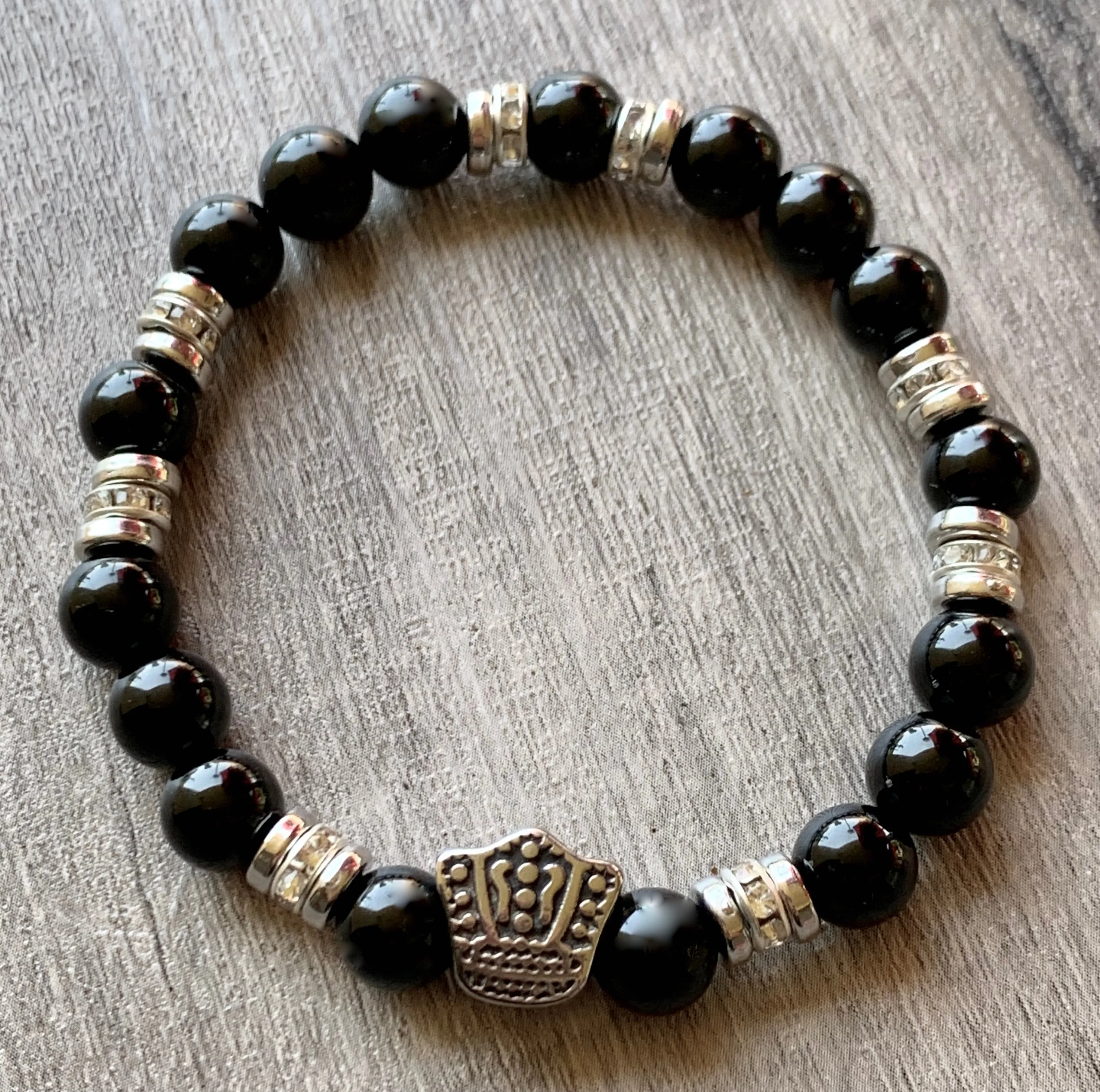 Blake Handmade Obsidian Expandable Bracelet with Crown Charm