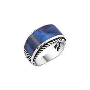 Blue Enameled Ovoid Silver Men's Ring with Braid Pattern