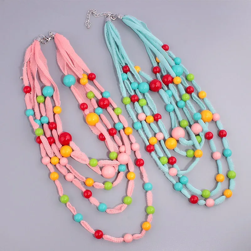Bohemian Jewelry Multilayer Resin Bead Necklace for Women as Sweater Accessories