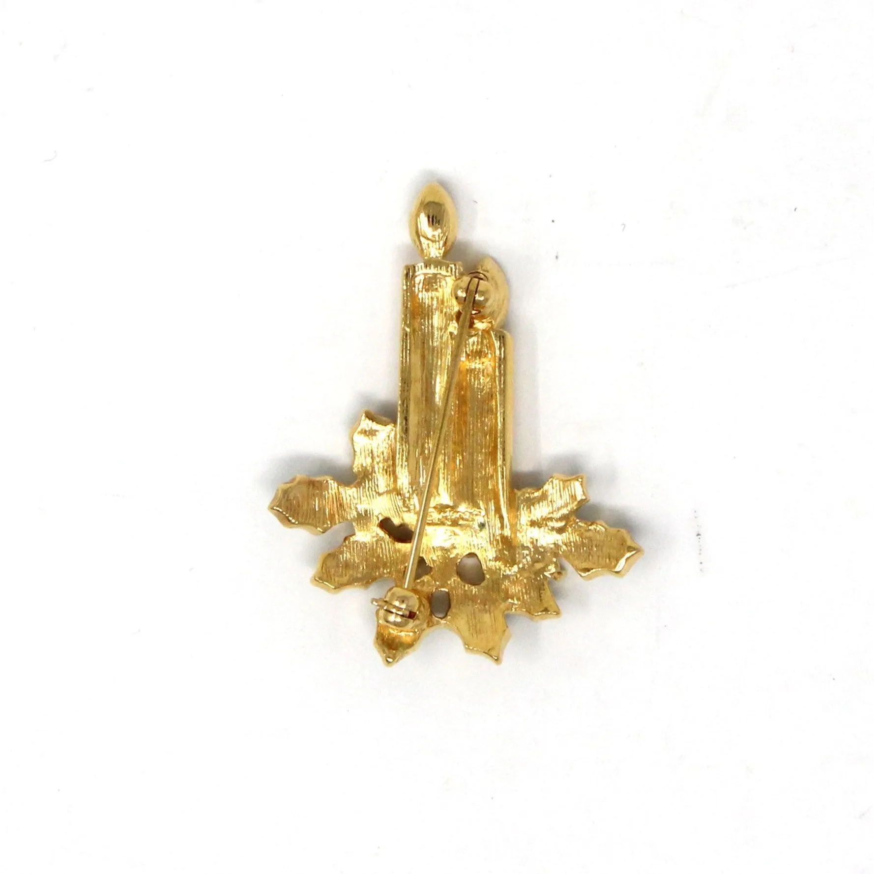 Brooch / Pin, Monet, Christmas Candle Brooch, Rhinestones & Enamel Holly Leaves, Gold Tone, Vintage