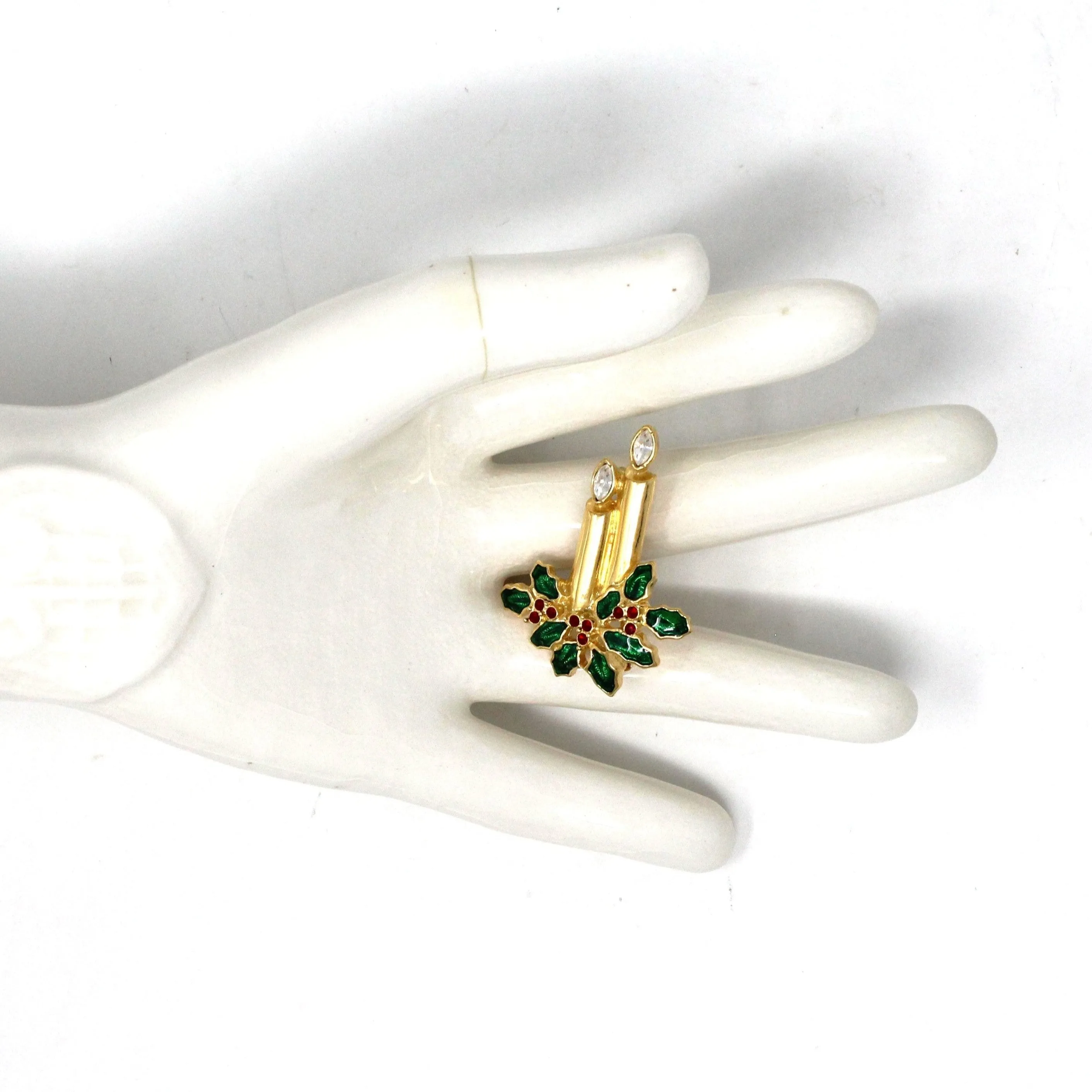 Brooch / Pin, Monet, Christmas Candle Brooch, Rhinestones & Enamel Holly Leaves, Gold Tone, Vintage