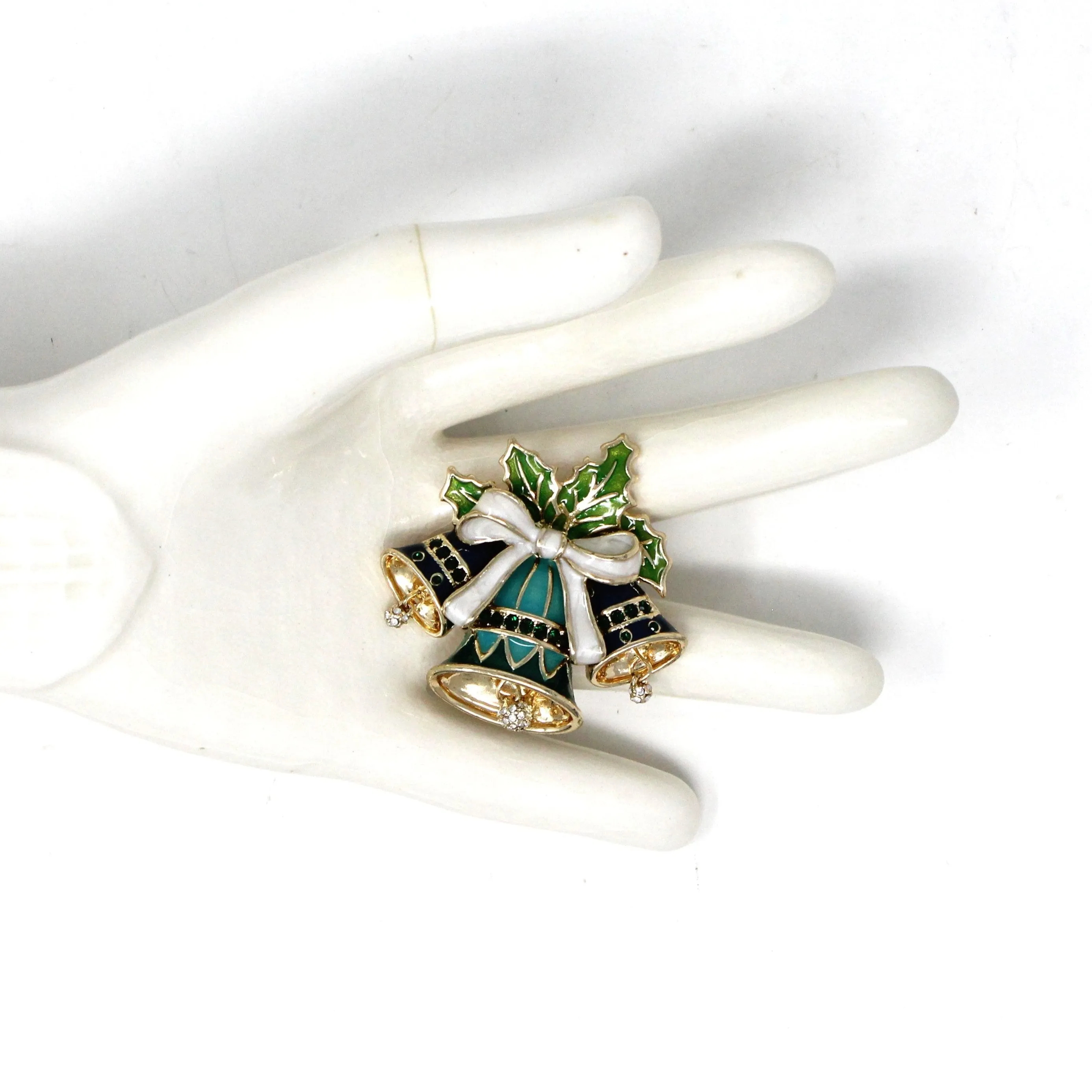 Brooch / Pin, Napier, Holiday Blue Bells Brooch with Rhinestone Dangles & Enamel, Gold Tone