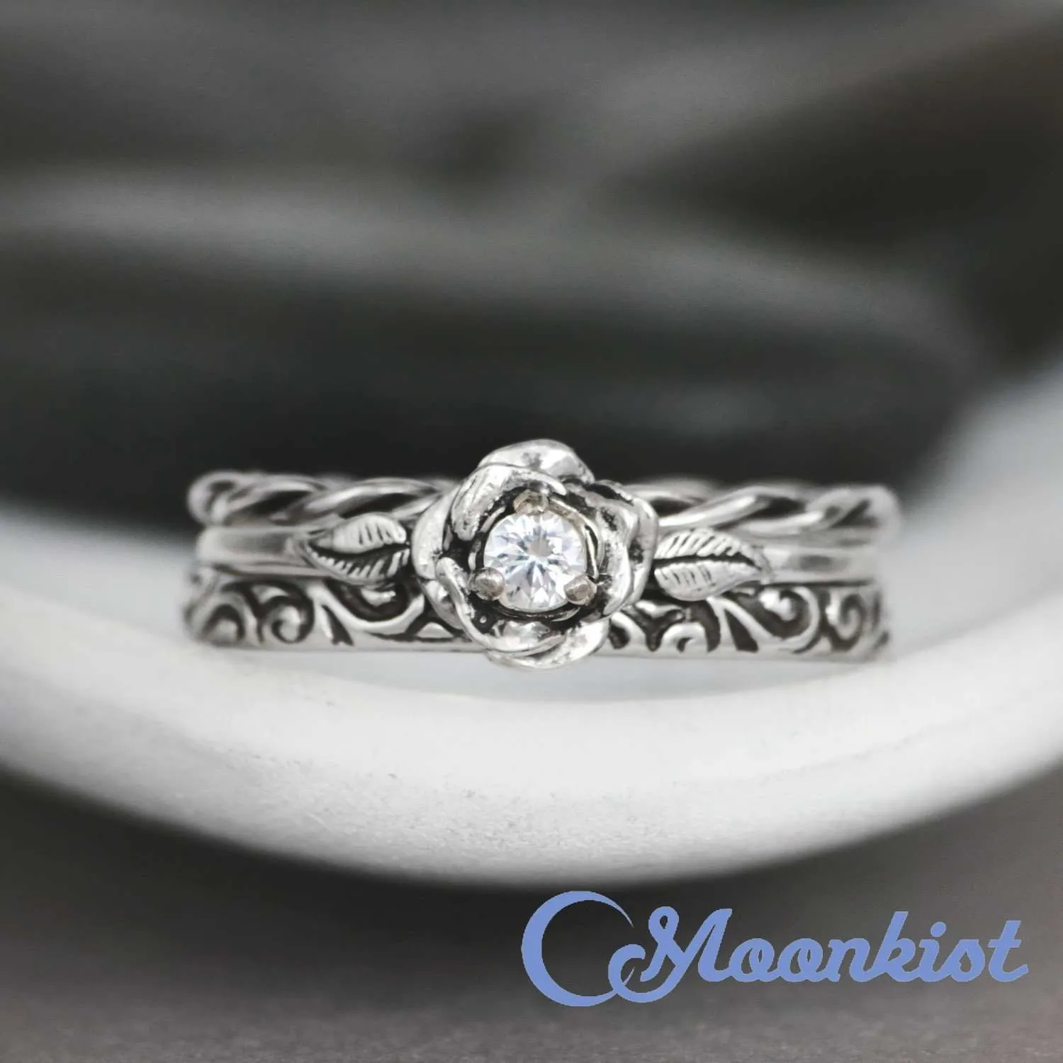 Dainty Three Ring Rose Stacking Wedding Ring Set | Moonkist Designs