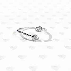 Double Heart Dainty Crystal Adjustable Silver Ring