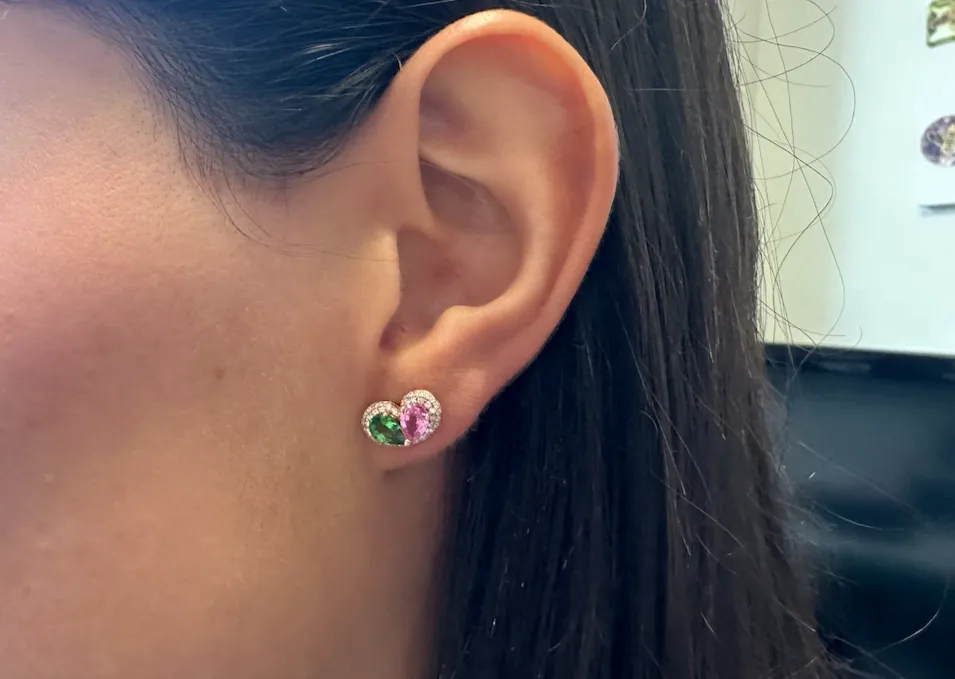 Earrings 18kt Tsavorites & Pink Sapphire Pear Shape with Diamonds Halo