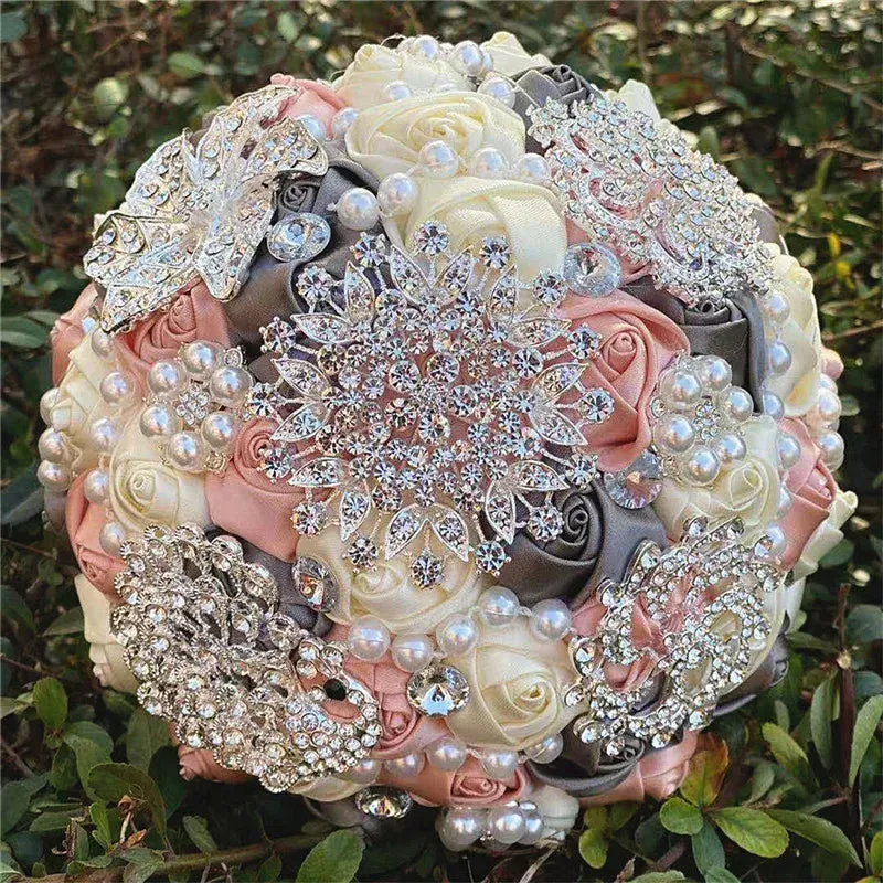 Elegant Custom Ribbon Silk Bouquets with Faux Pearls and Beaded Crystal Brooches