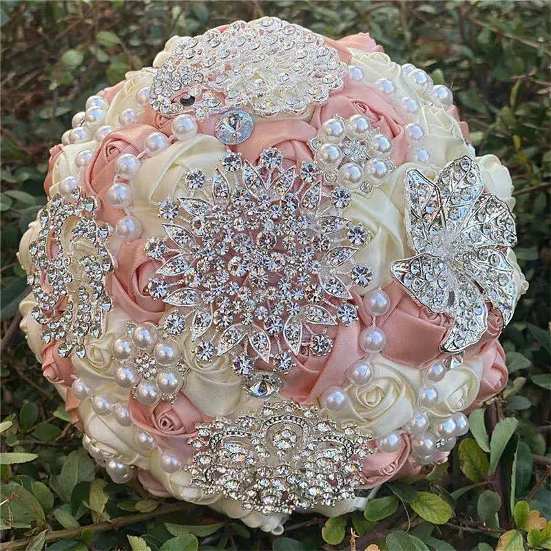 Elegant Custom Ribbon Silk Bouquets with Faux Pearls and Beaded Crystal Brooches