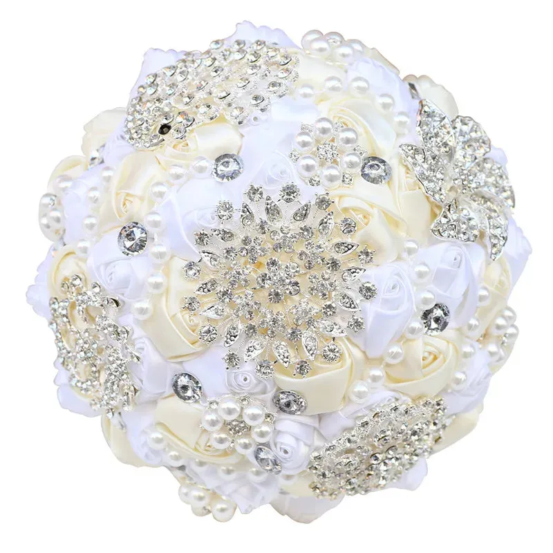 Elegant Custom Ribbon Silk Bouquets with Faux Pearls and Beaded Crystal Brooches