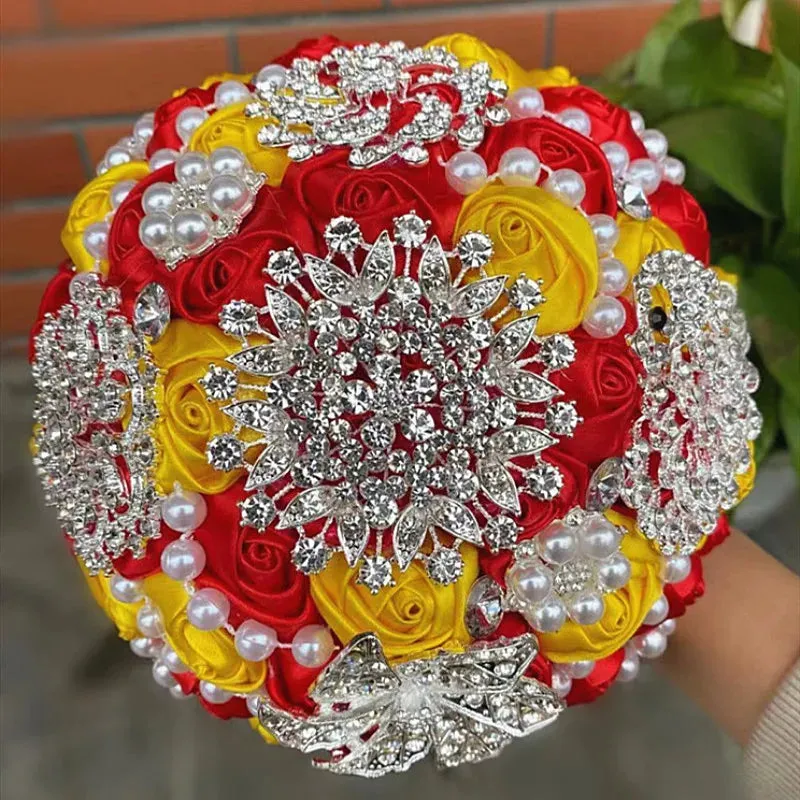 Elegant Custom Ribbon Silk Bouquets with Faux Pearls and Beaded Crystal Brooches