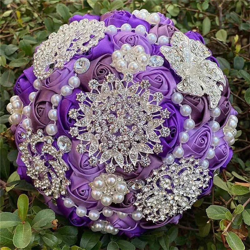 Elegant Custom Ribbon Silk Bouquets with Faux Pearls and Beaded Crystal Brooches