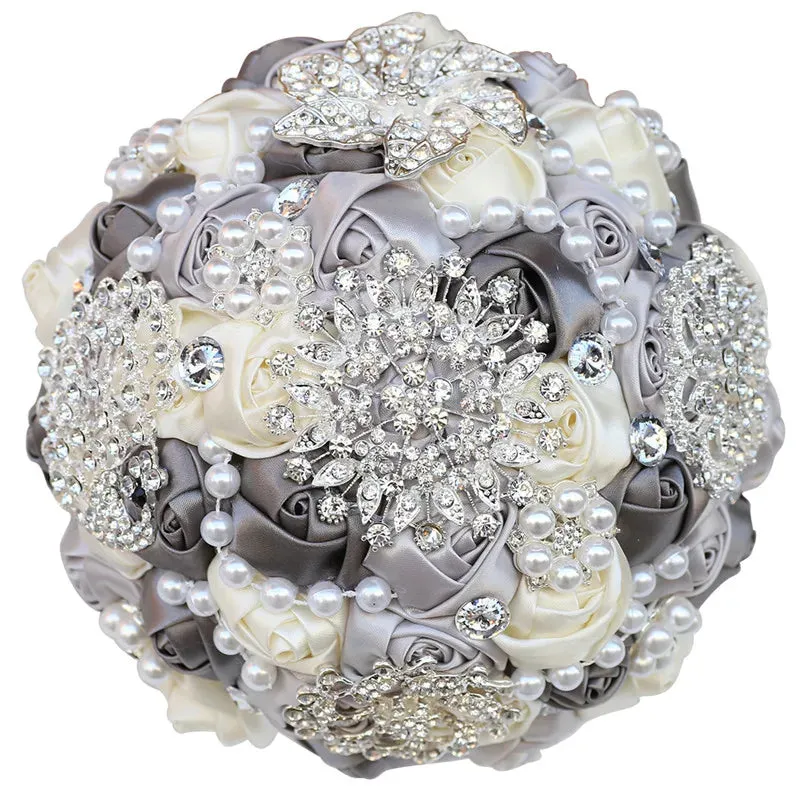 Elegant Custom Ribbon Silk Bouquets with Faux Pearls and Beaded Crystal Brooches