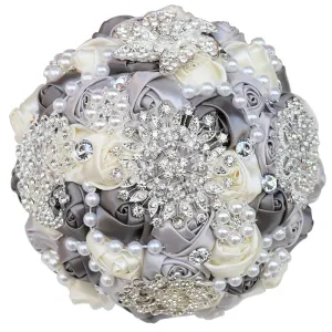 Elegant Custom Ribbon Silk Bouquets with Faux Pearls and Beaded Crystal Brooches