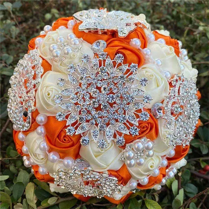 Elegant Custom Ribbon Silk Bouquets with Faux Pearls and Beaded Crystal Brooches