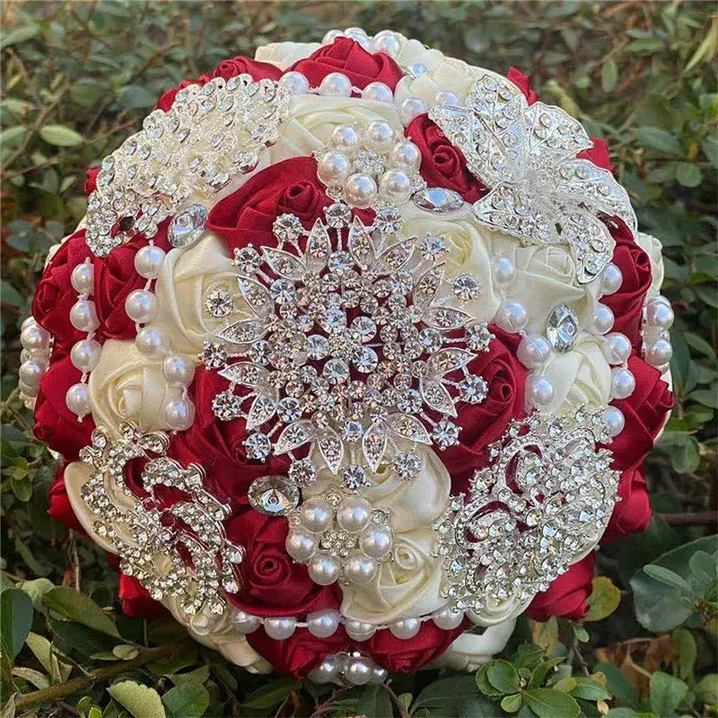 Elegant Custom Ribbon Silk Bouquets with Faux Pearls and Beaded Crystal Brooches