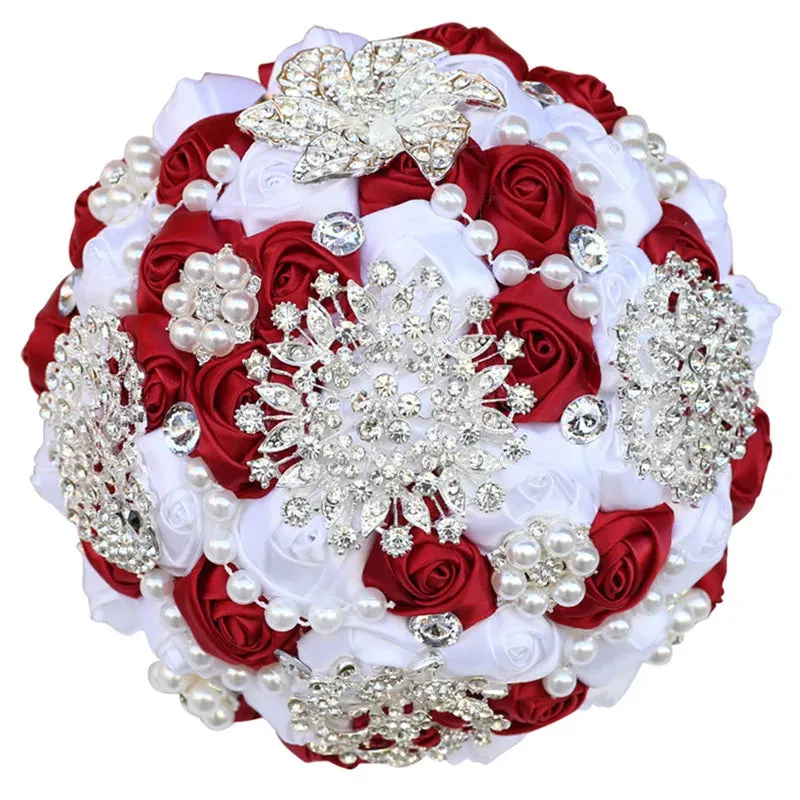 Elegant Custom Ribbon Silk Bouquets with Faux Pearls and Beaded Crystal Brooches