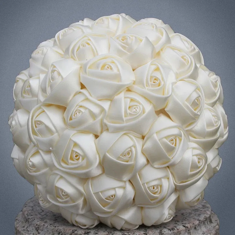 Elegant Custom Ribbon Silk Bouquets with Faux Pearls and Beaded Crystal Brooches