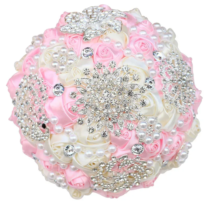 Elegant Custom Ribbon Silk Bouquets with Faux Pearls and Beaded Crystal Brooches