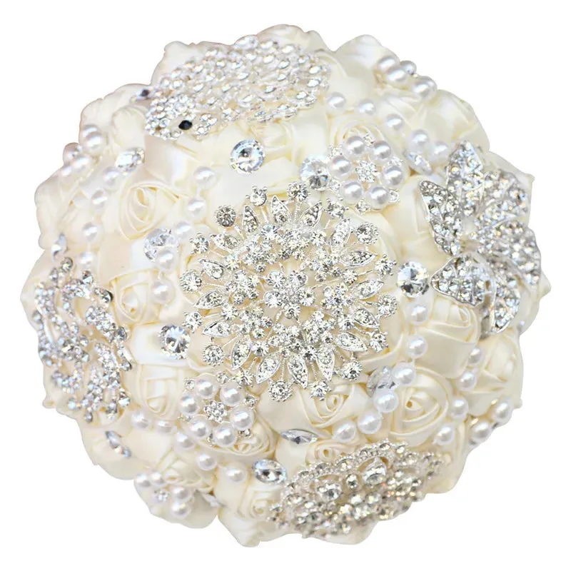 Elegant Custom Ribbon Silk Bouquets with Faux Pearls and Beaded Crystal Brooches