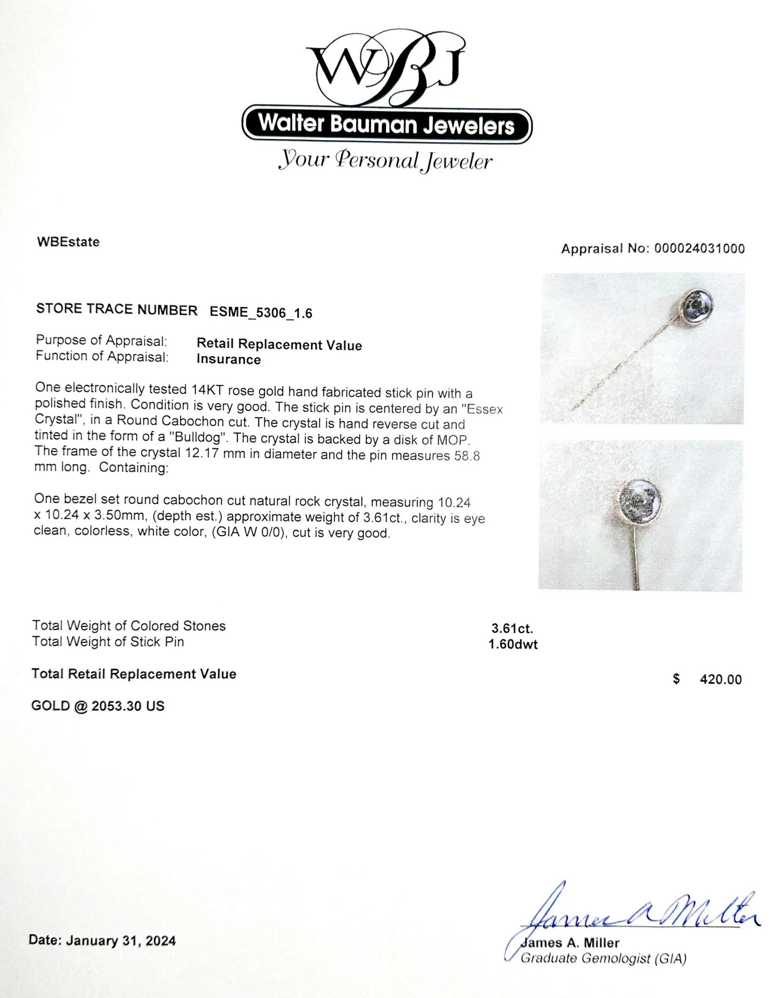 Estate 14K R Gold 3.61ct Rock Crystal Bulldog Stick Pin