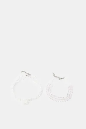 Girls White Embellished Choker Set (2 Piece)