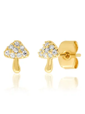 Gold Mushroom Post Earrings with Clear CZ
