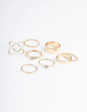 Gold Thick & Diamante Stack Ring 8-Pack
