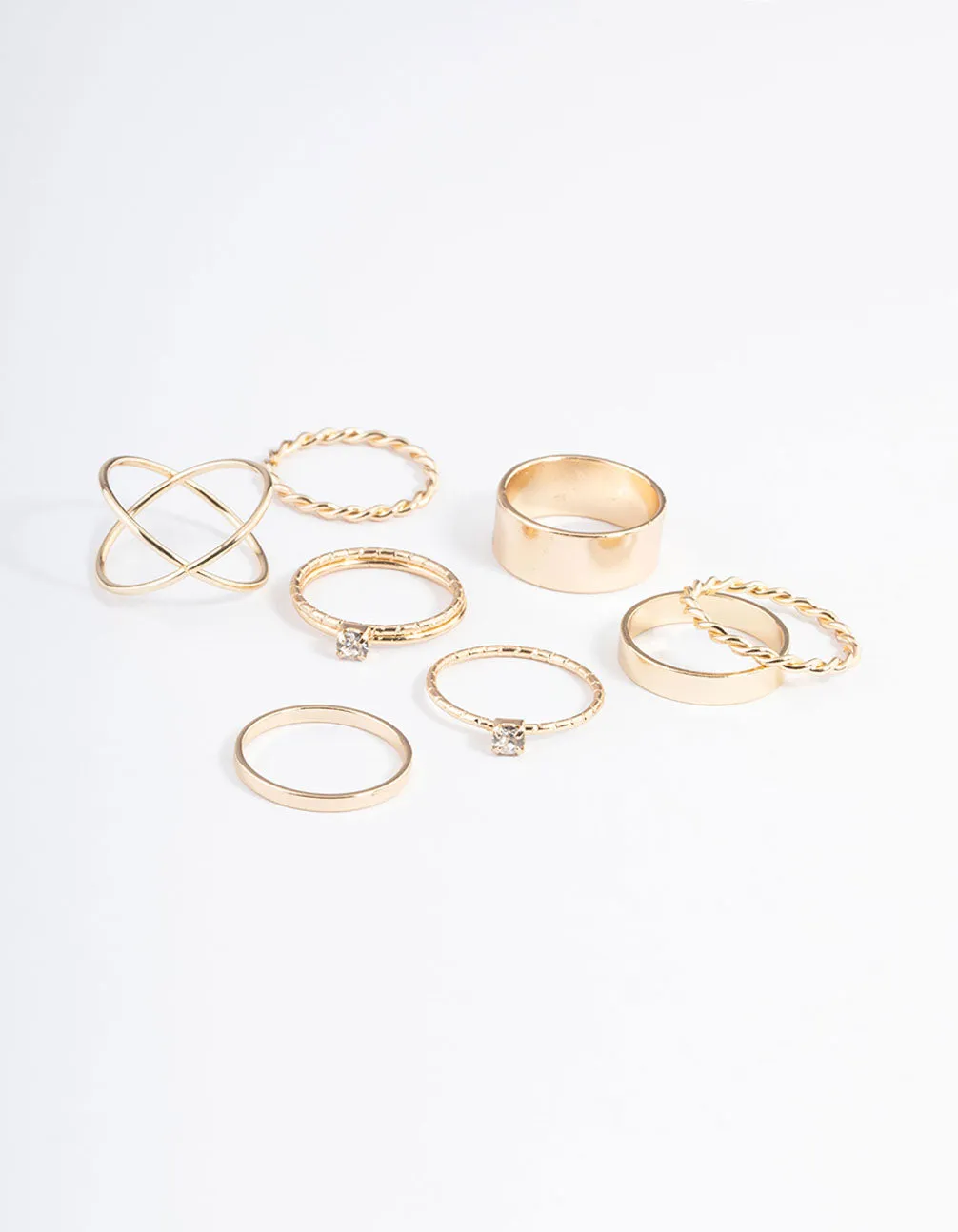 Gold Thick & Diamante Stack Ring 8-Pack