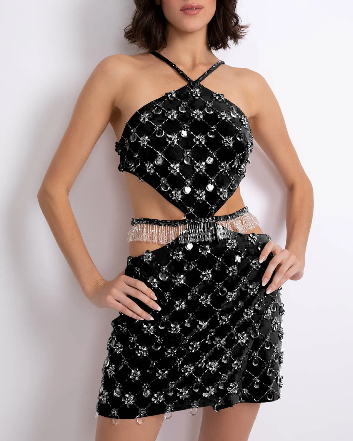Hand-Beaded Halterneck Mini Dress