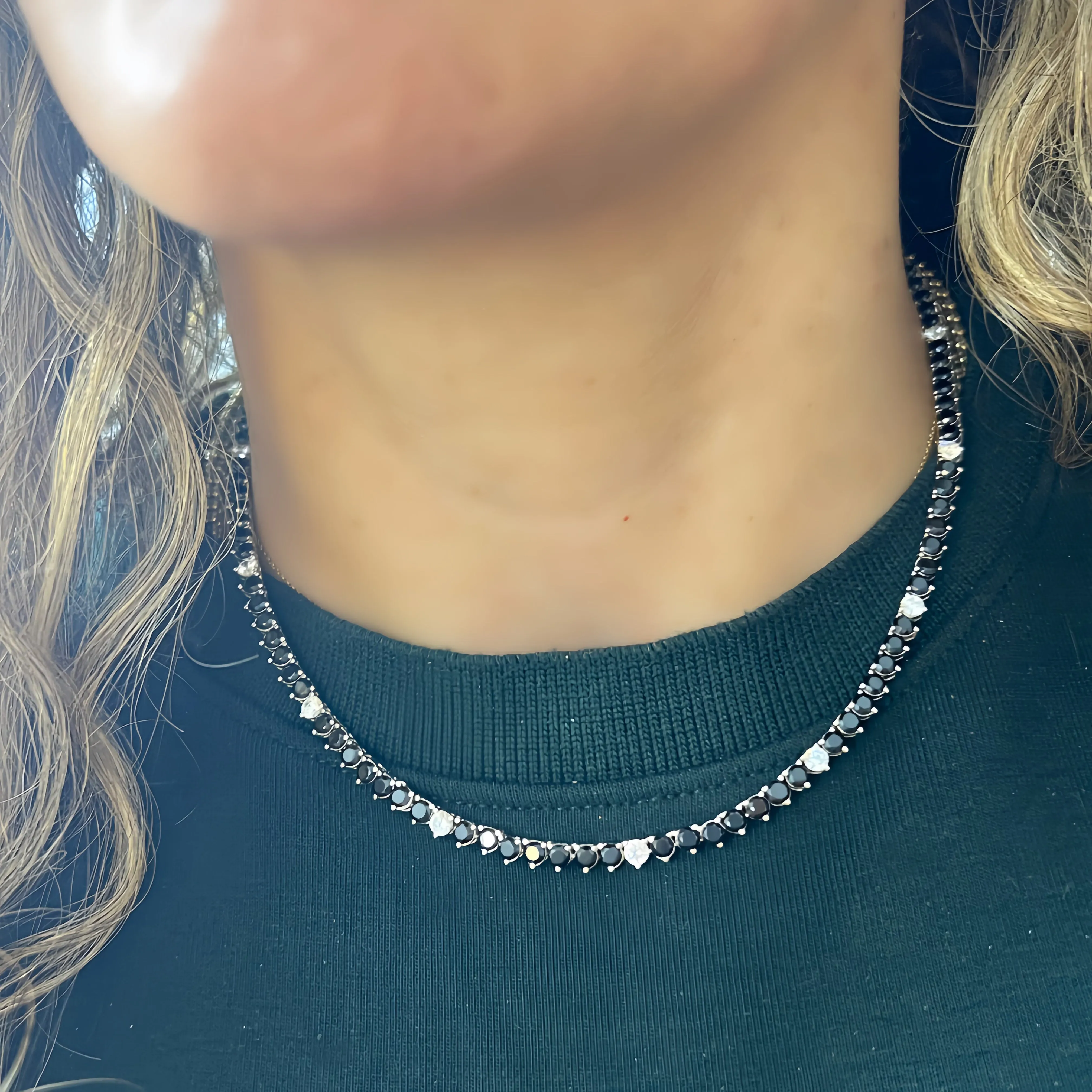 Ibiza Black   Clear CZ’s 3 Prong Tennis Necklace (Silver Mounting)