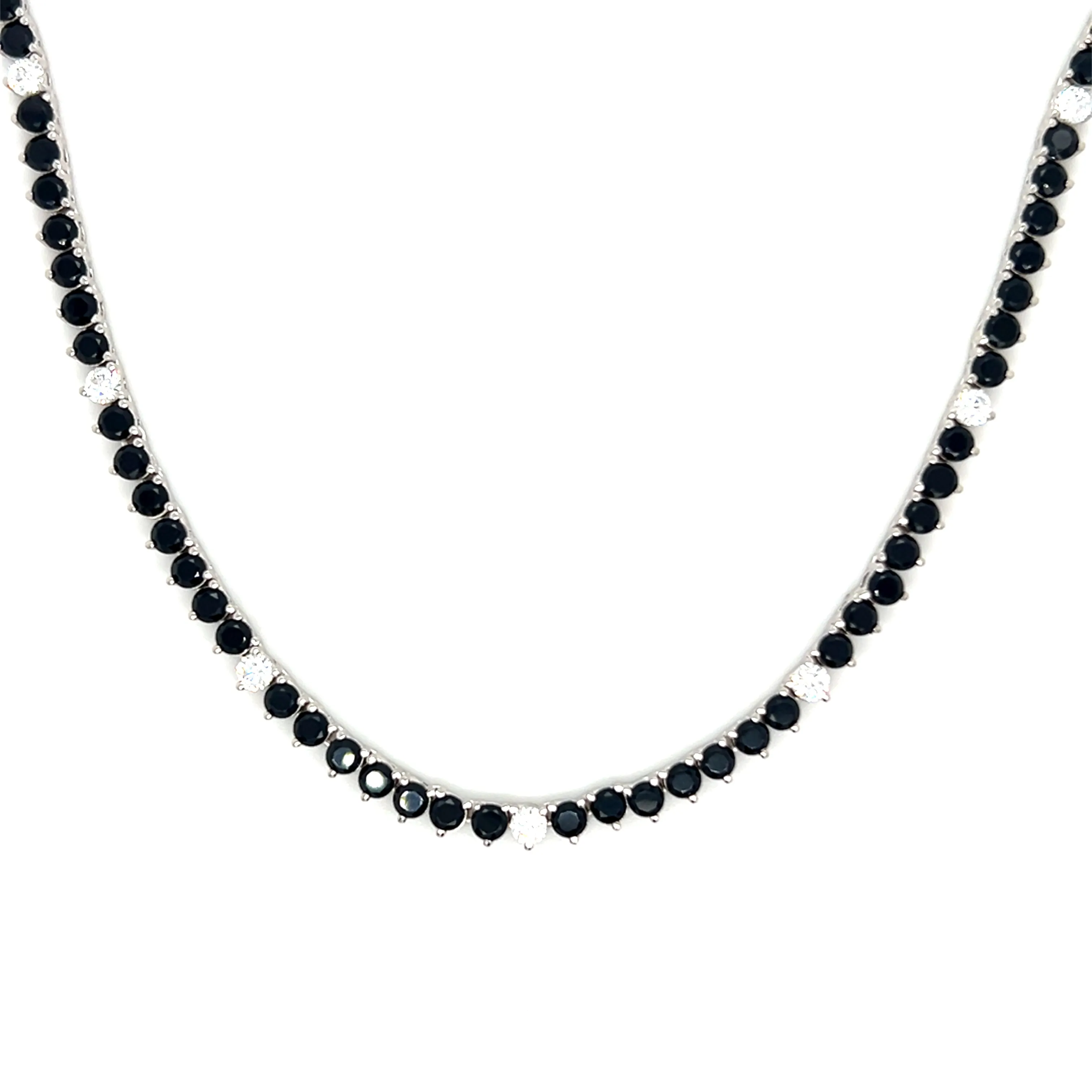 Ibiza Black   Clear CZ’s 3 Prong Tennis Necklace (Silver Mounting)