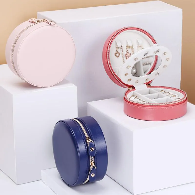 Jewelry Storage Box Round Portable Travel Earrings Ring Lipstick  Holders Case