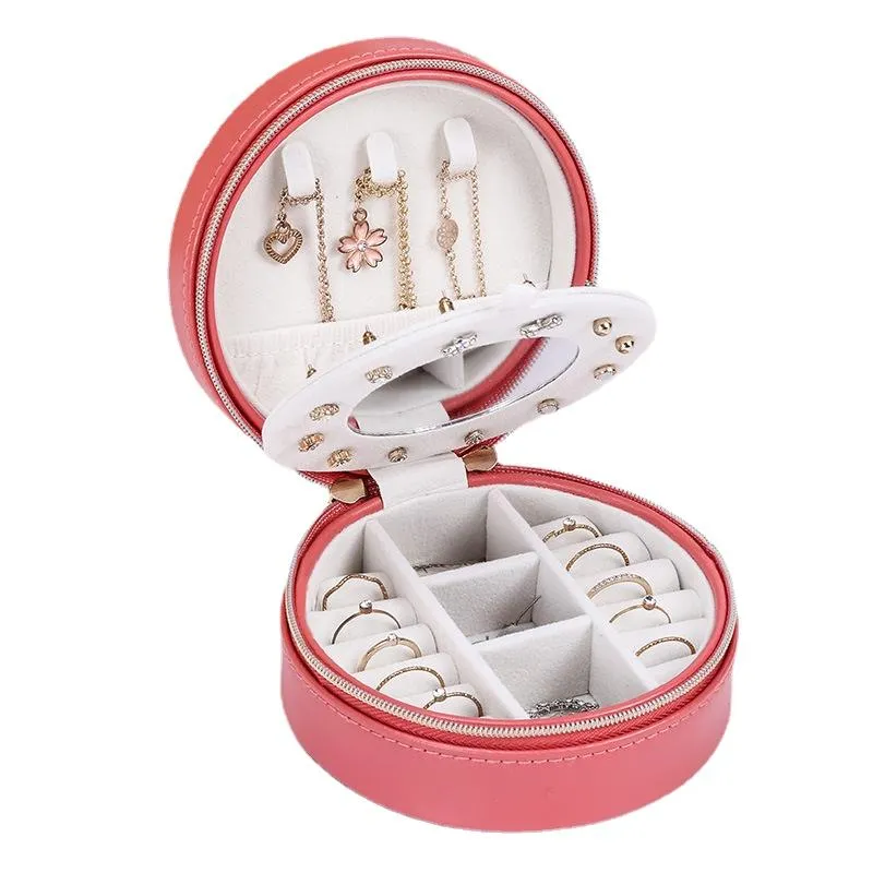 Jewelry Storage Box Round Portable Travel Earrings Ring Lipstick  Holders Case