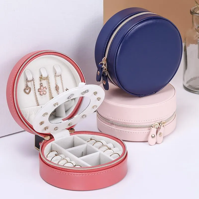 Jewelry Storage Box Round Portable Travel Earrings Ring Lipstick  Holders Case